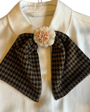 Load image into Gallery viewer, Houndstooth clip on button cover scarf in brown and black with flower