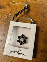 Load image into Gallery viewer, Black and clear diamonte single button cover in goodnight irene branded box with houndstooth ribbon