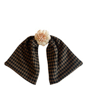 Load image into Gallery viewer, Houndstooth clip on button cover scarf in brown and black with flower by Goodnight Irene