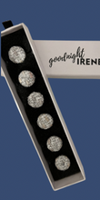 Load image into Gallery viewer, A set of silver tweed button covers displayed in a row on a black background, presented in a box with a houndstooth ribbon.