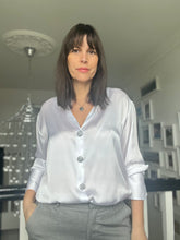 Load image into Gallery viewer, Silver Linton Tweed button covers on female