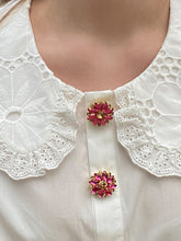 Load image into Gallery viewer, Close up of two pink and gold button covers by Goodnight Irene. costume jewellery, button covers, button jewels, pink accessories, clip on jewellery