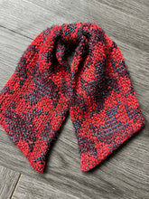 Load image into Gallery viewer, A patterned fabric pre tied clip on necktie by Goodnight Irene in red, navy, and black, Linton Tweed fabric.

